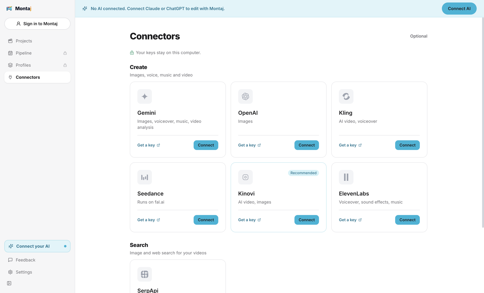 The Montaj Connectors page with a Kinovi card for AI video and images carrying a Recommended badge, beside Gemini, OpenAI, Kling, Seedance and ElevenLabs